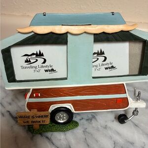Retro Camper Photo Frame with Teal Roof and Wood-Accent Trailer